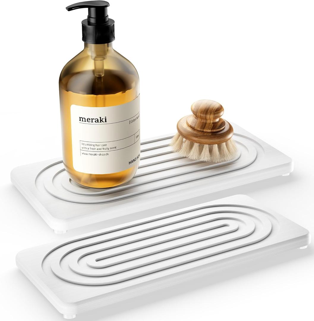 MAGKOTA 2 PCS Water Absorbing Stone Tray for Sink, Quick Drying Diatomite Bathroom Tray Countertop, Stone Drying Mat for Kitchen Counter Faucet, Soap Dish Dispenser Vanity Organizer, White-A-8.3" x 4"