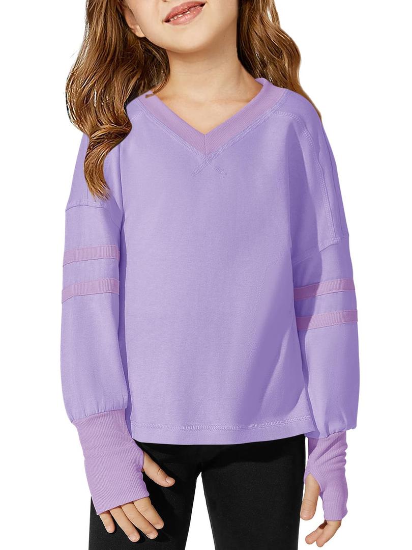 Haloumoning Girls Oversized Long Sleeve T Shirts Kids Casual V Neck Cute Tops Basic Tees with Thumb Holes 4-14Y Purple