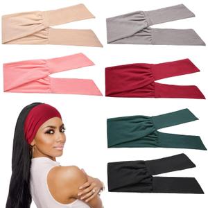 WILLBOND 6 Pcs Tie Headband for Women, Adjustable Wide Bandana Headband Tie, Knotted African Hairband, Yoga Elastic Non Slip Floral Hairbands for Running Hiking Cycling Workout(Single Color)