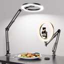 Overhead Phone Mount with Ring Light Phone Holder,10" LED Ring Light for Desk with Stand and Remote for iPhone,Phone Tripod with Light for Video Recording TikTok Live Stream Cooking Kitchen Vlogging