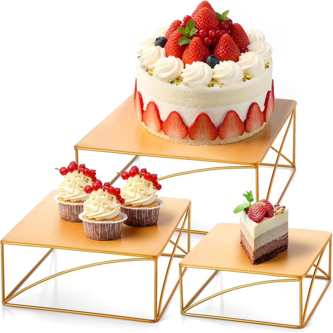 Wenqik 3 Pcs Buffet Riser Set 8" 10" 12" Gold Cake Stand, Metal Display Catering Dessert Table Riser Food Display Stand for Wedding Birthday Party Anniversary Reception