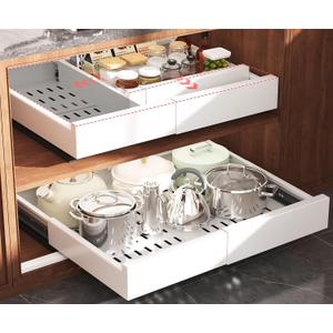 2 Pack Pull Out Cabinet Organizer Expandable Width(13"-21") and Depth(13"-17"),Slide Out Drawers With Raising Pad for Framed Cabinets,No Drill Roll Out Shelves for kitchen,Bathroom,White