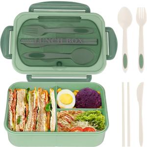 NatraProw Bento Box for Adult, 1200 ML Lunch Containers for Adults, LeakProof Lunch Box with Utensils, BPA Free, 3 Compartment Bento Box Microwave Safe, Green