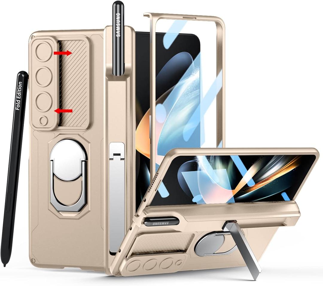 Compatible with Samsung Galaxy Z Fold 4 Case [Heavy Duty Protective][Camera Lens Cover][S Pen Holder & Hinge Protection][Screen Protector][Safe to Hold with Ring] Rugged Stand 5G 2022-Gold