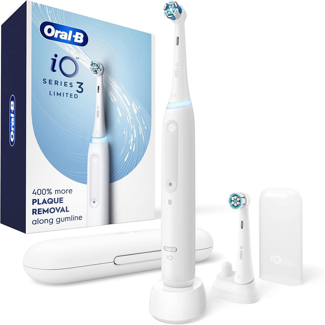 Oral-B iO Deep Clean Rechargeable Electric Toothbrush, White, iO Series 3 Limited, 2 Brush Heads, Travel Case, Pressure Sensor, 3 Cleaning Settings, 2-Minute Timer (1 Count (Pack of 1)