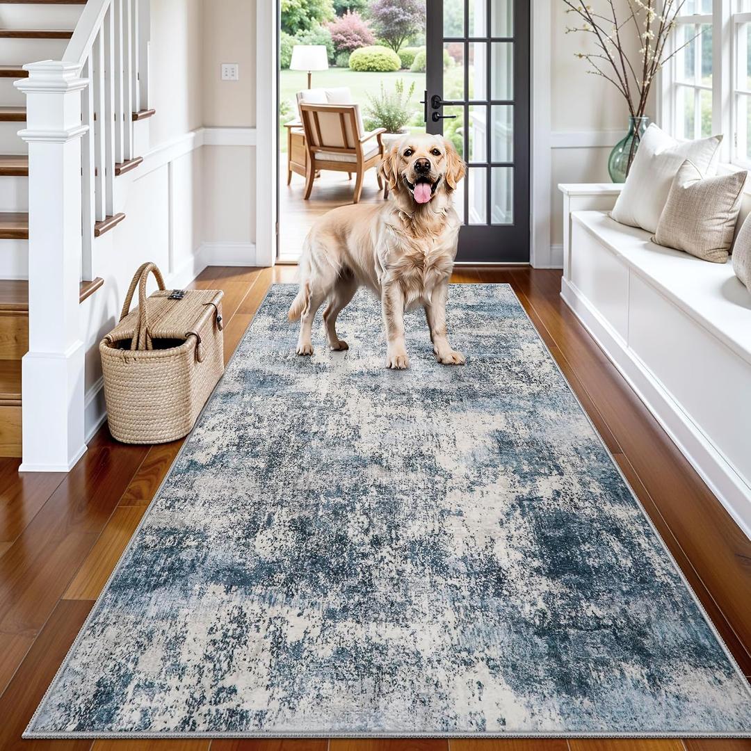 3x6 Runner Rug Washable Entryway: Non Slip Abstract Door Mat for Hallway Kitchen - Ultra Thin Low Pile Stain Resistant Indoor Carpet - Home Decor for Renters Small-Space Dwellers 3x6 Blue Gray White
