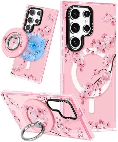 Lotadilo Cute Case for Samsung Galaxy S22 Ultra for Women Girls - Funny Design Compatible with Magsafe Magnetic Ring Holder Kickstand Art Peach Blossom Fashion Pattern TPU Phone Covers