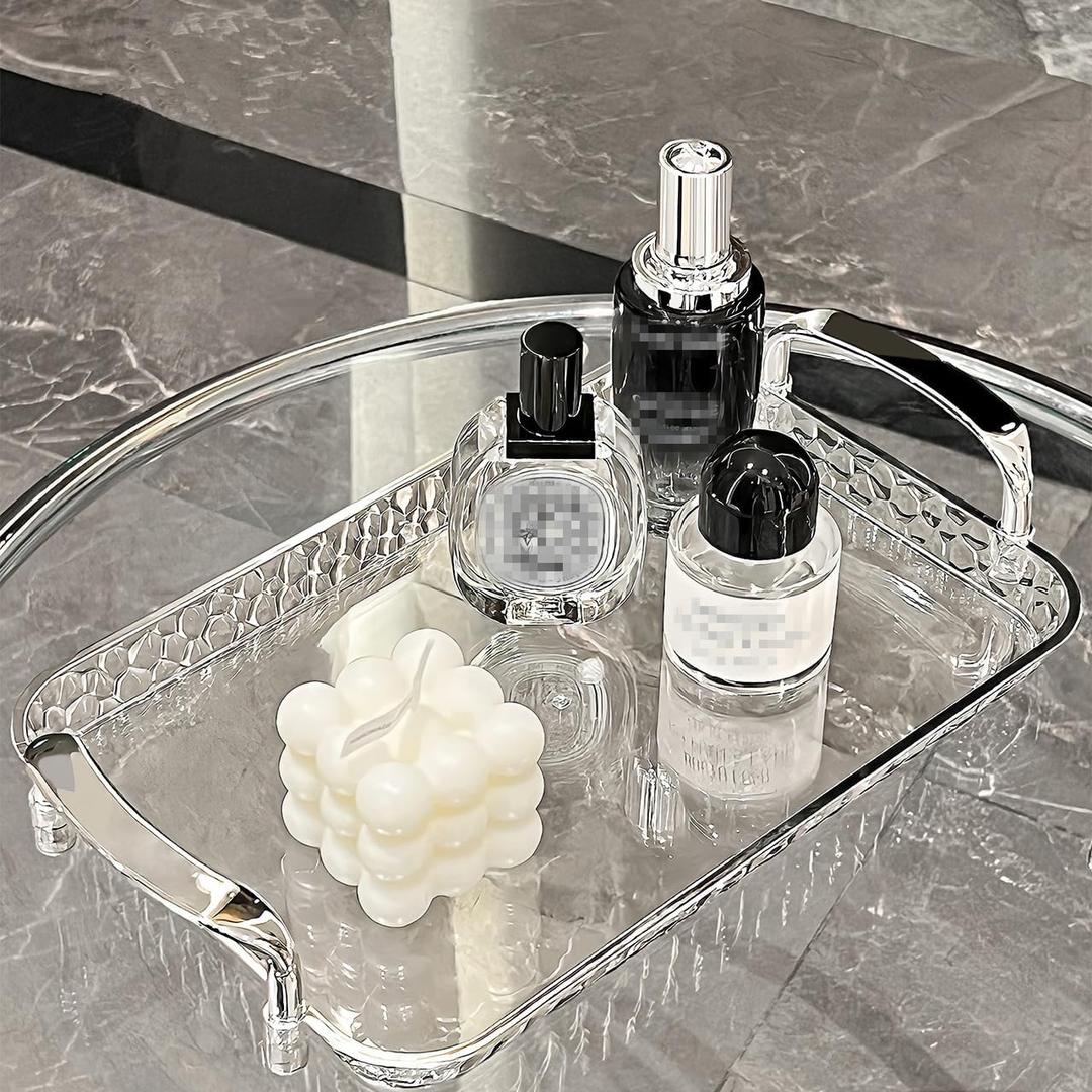 Clear Acrylic Serving Tray 8x14 Inches, Bar Tray Organiser for Ottoman Coffee Table Decorative with Handles (Clear, 14" x 8" x 2")