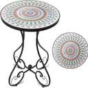 VCUTEKA Mosaic Outdoor Side Table, Round Rustproof Patio Tables with 14" Ceramic Tile Top, Indoor Porch Accent Table for Yard, Garden, Living Room, Bistro Balcony, Green, round, 14" diameter x 21" height