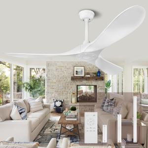 Ceiling Fan with Remote Control No Light, 52" Low Profile Ceiling Fan Outdoor/Indoor, 3 Blades 6 Speeds Reversible DC Motor Modern Ceiling Fans for Patio, Bedroom, Living Room, Porch (White) (52" White)