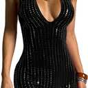 ECHOINE Women V Neck Sleeveless Romper Sequin Backless Shorts Jumpsuit Clubwear (Black, M)