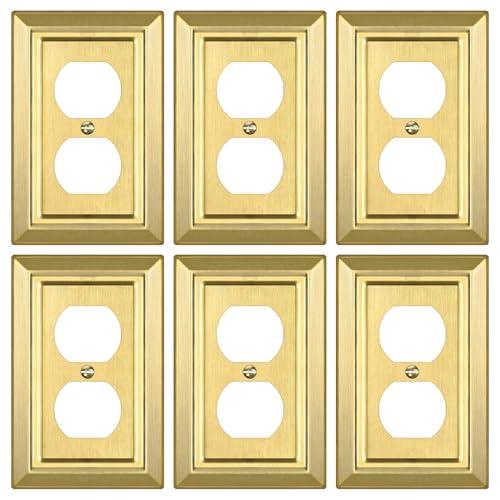 Metal Wall Plate for Electrical Outlets, Decorative Brass Gold Switch Plates Outlet Cover, Light Switch Cover Plate, 1-Gang Wall Plates (Duplex Outlet, 6 Pack)