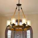 Rustic 6 Light Wagon Wheel Chandelier, Round Wood Pendant Light with Seeded Glass Shade, Farmhouse Chandeliers for Dining Room Kitchen Island Foyer Entryway, Brown 