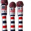 Craftsman Golf US Flag Knit Pom Pom White Blue Red Driver,Fairway Wood, Hybrid Head Cover Headcover for Callaway Mizuno Cobra Taylormade