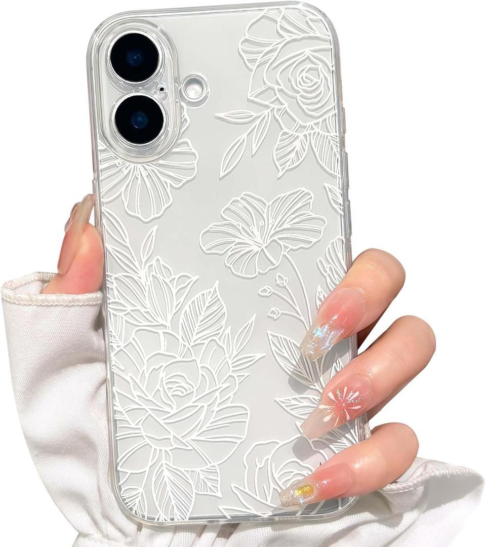 NITITOP Compatible for iPhone 17 Case Cute Clear Floral Flower Pattern for Girls Women Soft TPU Full Camera Lens Shockproof Protective Phone Cover - White