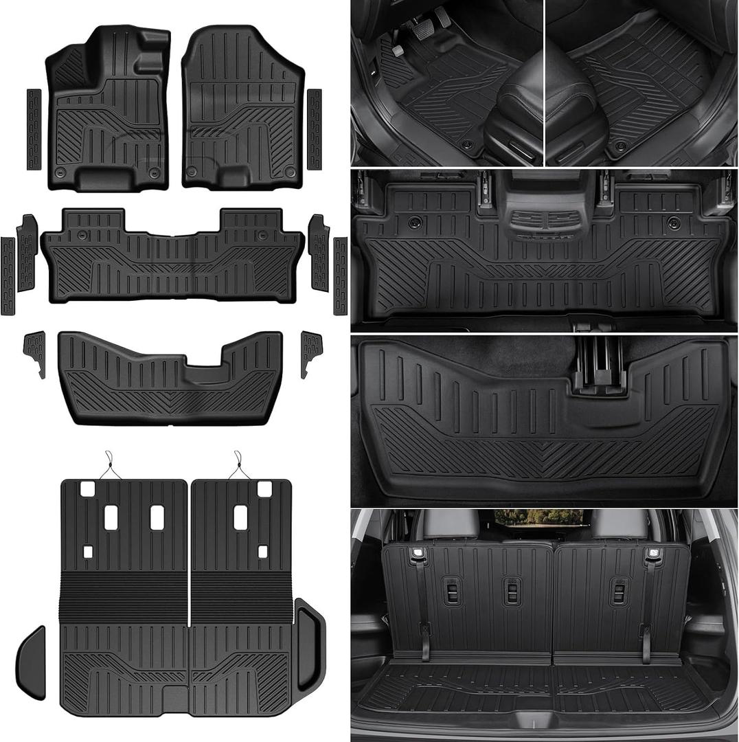 Floor Mats for 2016-2022 Honda Pilot 8 Passengers (No Elite Models), Cargo Mat with Backrest Mat All Weather Protection TPE Car Liner for Honda Pilot Door Sill Guards Accessories