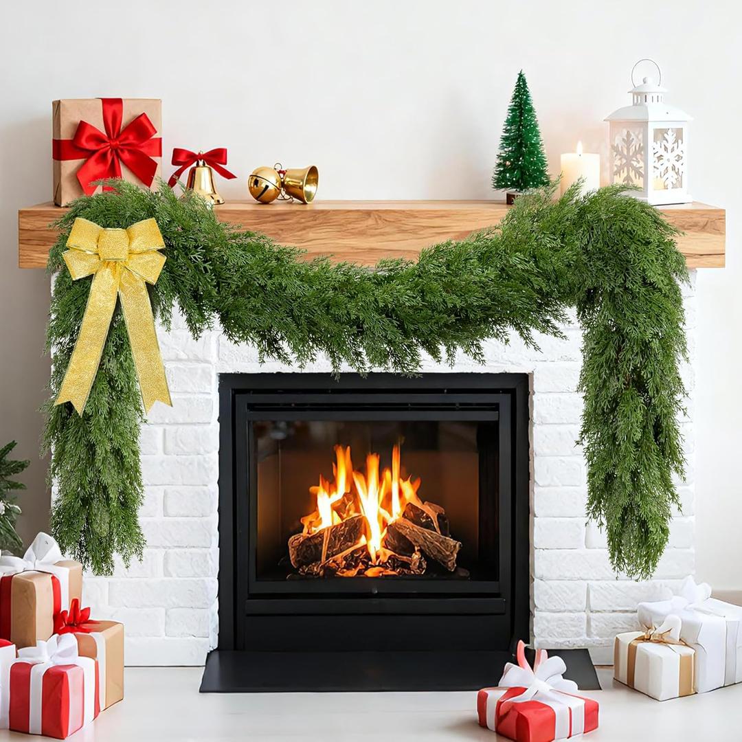 Palonu 1 Pcs 9Ft Christmas Cedar Garland, Artificial Realistic Greenery Faux Garlands Touch Like Real Cypress Pine Xmas Dcor, Fireplace Mantle Table Stairs Porch Indoor Outdoor Holiday Decoration