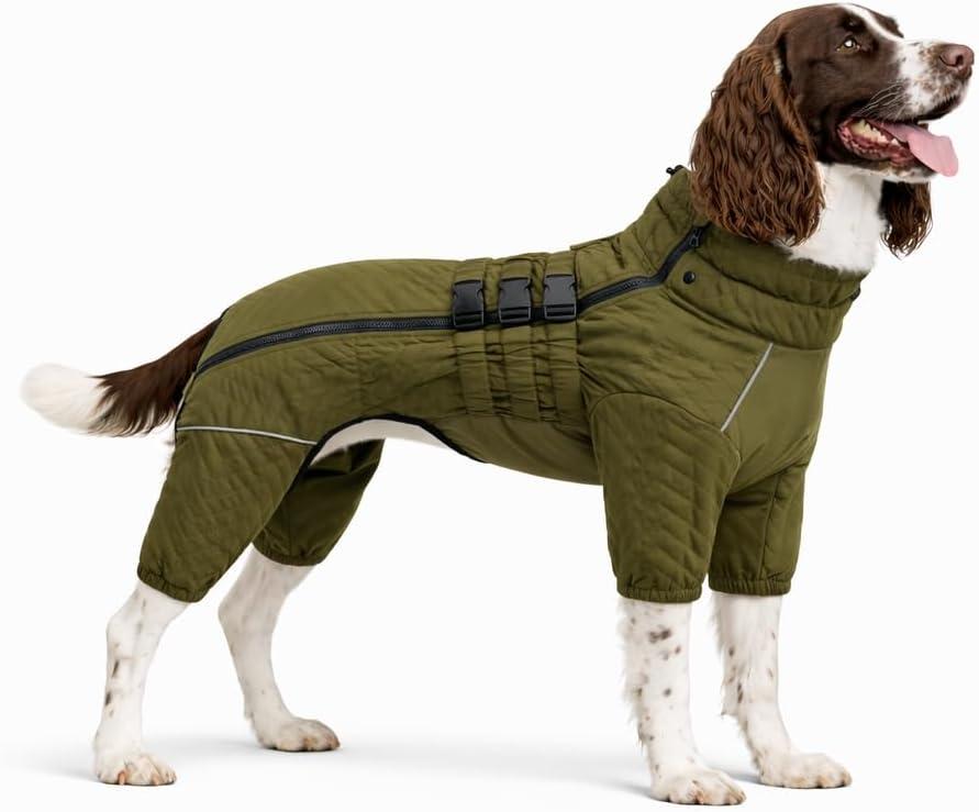 Warm Dog Coat Double Layers Dog Vest, 4 Legs Covered Windproof Waterproof Reflective Warm Dog Vest Outdoor Skating Dog Costume for Dogs Olive XL (XL (back 16.5"))