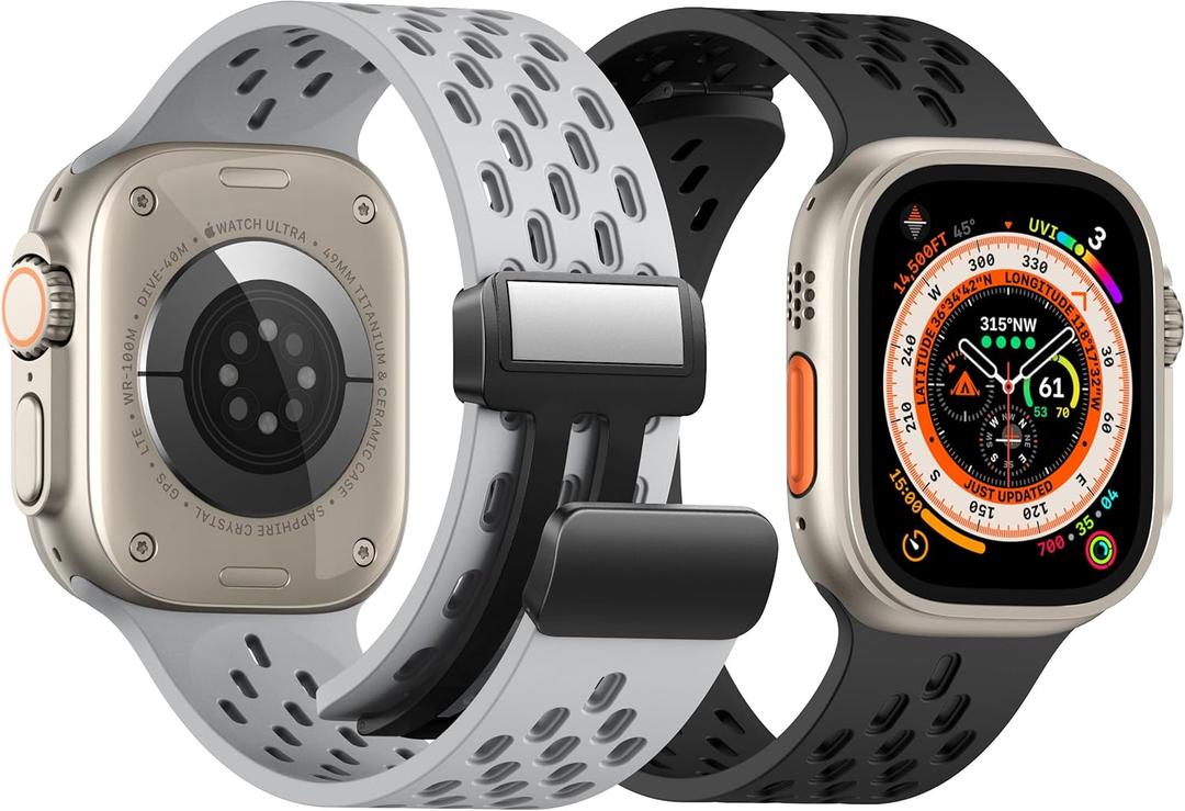 Magnetic Anti Sweat Sport Band/Strap for Apple Watch, Waterproof Breathable Silicone Correas. Para Compatible with iWatch Ultra SE (M-Black&Grey, 2Pack-44/45/46/49mm/(42mm-Series 3)