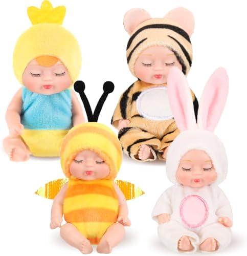 Hanaive 4 Pcs 4 Inch Mini Baby Dolls Lifelike Realistic Baby Dolls Animal Clothes Cute Tiny Gifts for Kids Birthday Party(Vivid Style)