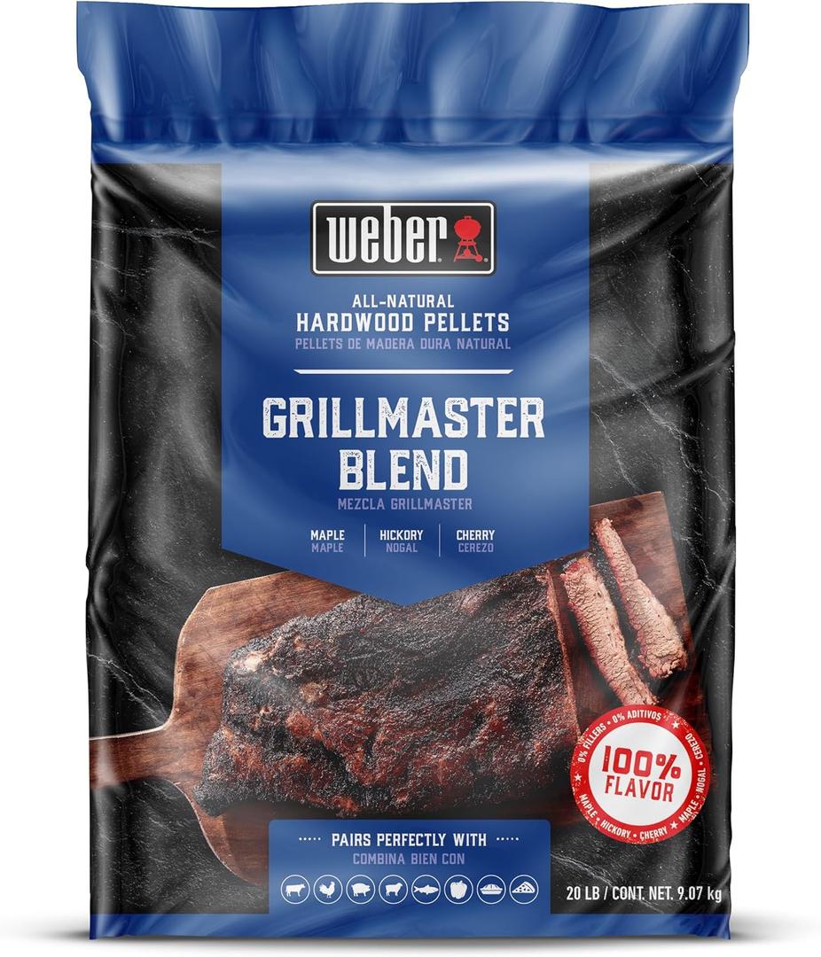 Weber Grillmaster Blend AllNatural Hardwood Pellets 20 lb Bag of Maple, Hickory & Cherry Wood Pellets for Pellet Grills, Adds Balanced SmokySweet Flavor