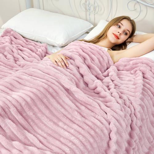 Comelady Fleece Throw Blanket for Couch,3D Ribbed Jacquard Warm Fluffy Blanket for Bed Sofa Room Decor-Lightweight Cozy Soft Throw for All Seasons(Pink,50"×60")