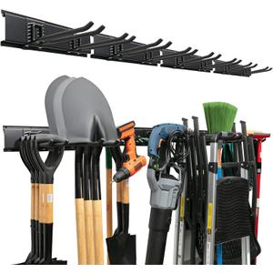 Garage Tool Organizer Wall Mount - 64 inches - Sturdy Storage Rack with Adjustable Hooks, Anti-Rust - Easy Installation, 400lbs Capacity - Garden Tool Organizer (04 Racks & 08 Hooks) (64" Carbon Steel, Black)