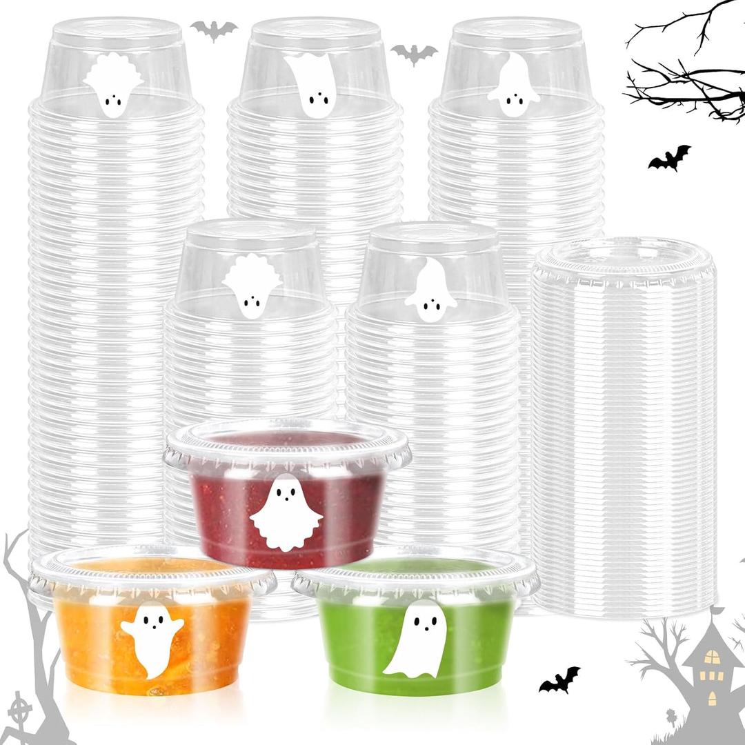 75 Pcs Halloween Sauce Cup Mini White Ghost Jelly Shot Cups with Lids Disposable Plastic Containers for Holidays Party Supplies, 2 oz
