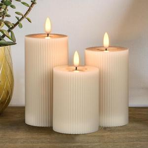 Real Wax Flameless Candles with 6hrs Timer, Battery Led Pillar Candles Flickering 3D Wick Pack of 3 Striped Candles, Party Dinner Home Decor House Warming, Light Gray  3" H 5" 6" 7"