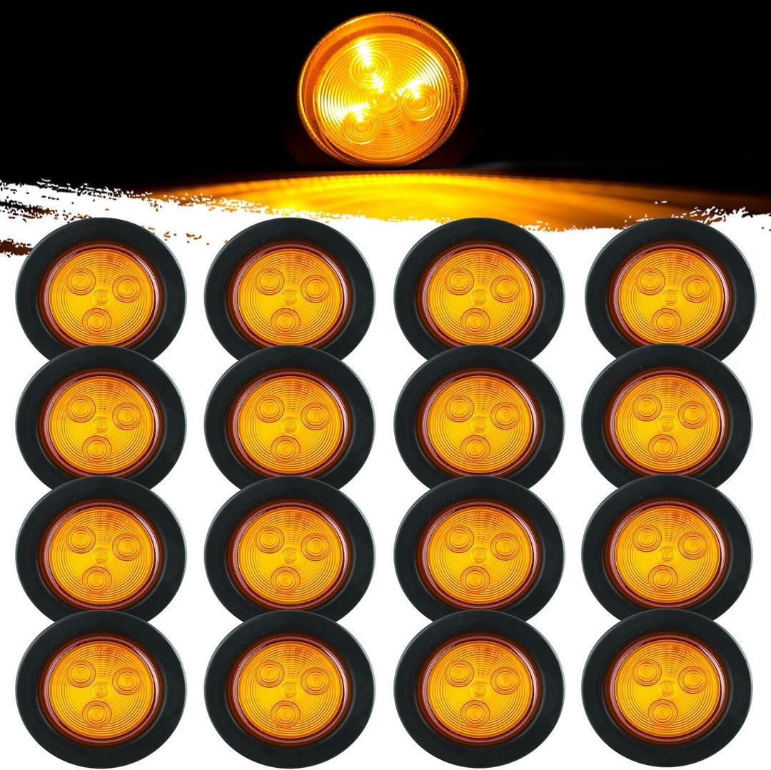 16Pcs 2" Inch Round Amber LED Trailer Side Marker Lights 4 LED, 2" Round Led Trailer Clearance Marker Lights with Grommets Wire Pigtail for Truck RV Flush Mount Waterproof Sealed