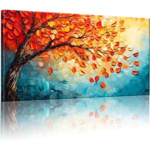GYJAGHL Autumn Tree Canvas Wall Art, Orange Fall Leaves, Textured Oil Painting Style,Living Room, Bedroom, Home Office, Oil Painting Mural, Colorful Tree of Life in orange and green, Modern Home Decor 20" x 40"