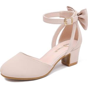 Girls Heels Dress Shoes Flower Girl Pumps with Cute Bow Closed Toe High Heels Adjustable Buckles Wedding Party (5 Big Kid, Nubuck Nude)