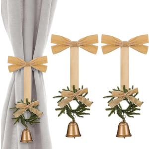 Suncalla 2 Pcs Christmas Curtain Buckle Tieback Christmas Wreath Curtain Ties Backs Holdback Holder Fastener Buckles with Velvet Bow and Bell for Xmas Holiday Home Window Decoration(Light Brown)