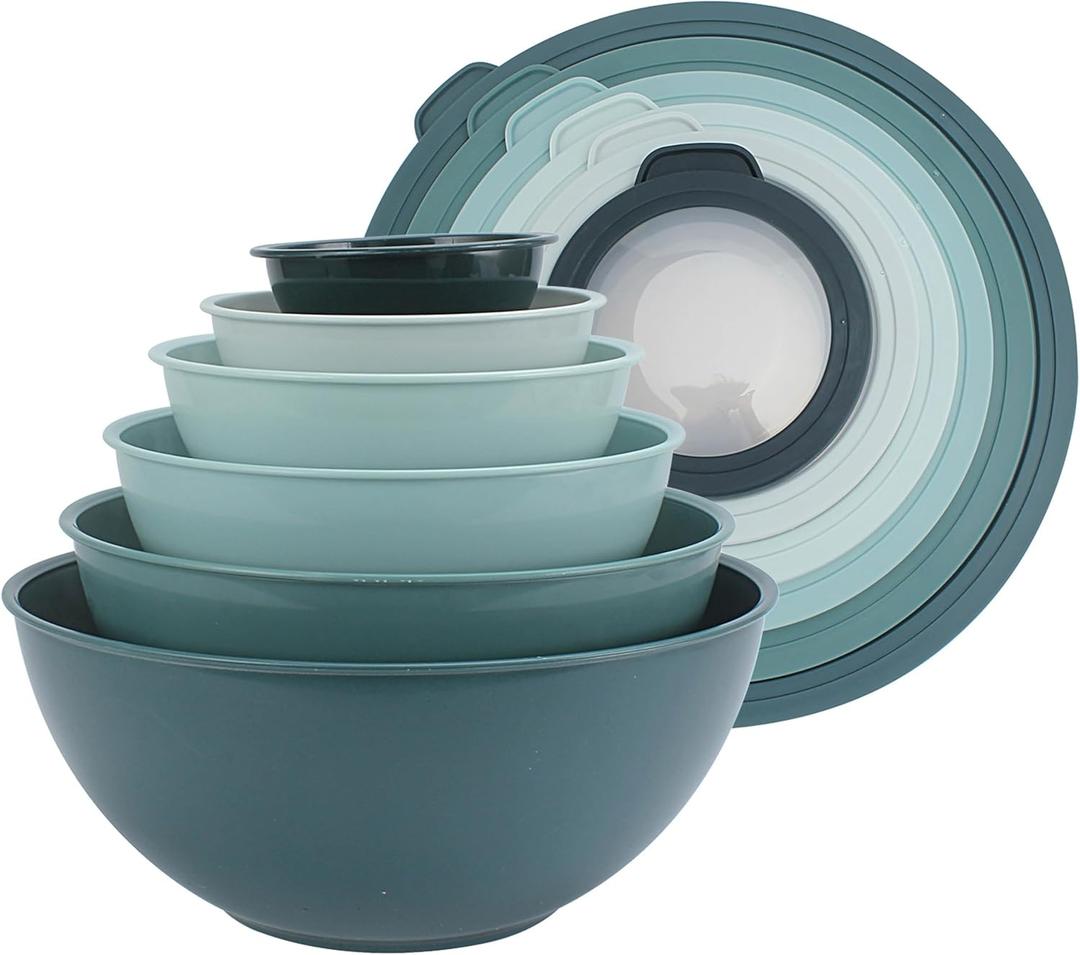 COOK WITH COLOR Mixing Bowls with TPR Lids - 12 Piece Plastic Nesting Bowls Set includes 6 Prep Bowls and 6 Lids, Microwave Safe Mixing Bowl Set (Teal)