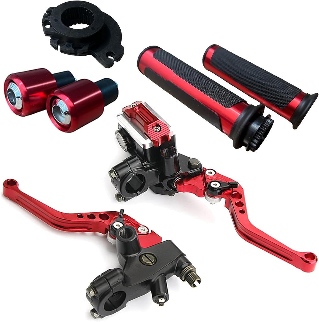Universal Motorcycle Brake Lever 7/8 Inch 22mm Handlebar Brake Master Cylinder Clutch Levers Set + Hand Grips + Handlebar Ends Set Fit for Harley Honda Kawasaki Suzuki Yamaha Red