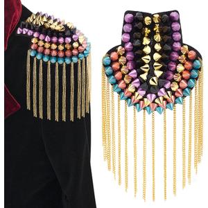 PH PandaHall 1 Pair Rivet Tassel Epaulets, Punk Shoulder Epaulettes with Metal Tassel Chains Colorful Rivet Shoulder Boards Badge for Men Women Costume Uniform Accessories