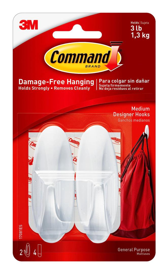 Command Medium Designer Hooks, 2 Hooks and 4 Command Strips, Damage-Free Hanging Wall Hook with Adhesive Strips, No Tools Great for Hanging, Organization and Storage, Holds up to 3 lb (6 Count)