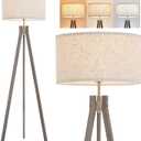 ELYONA Farmhouse Wood Tripod Floor Lamp, Modern Reading Standing Lamp with 3 Color Temperatures LED Blub & Nature Linen Shade, Night Light for Living Room, Bedroom, Study Room, Office, Grey