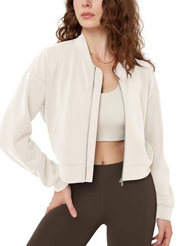 Modal Soft Full-Zip Bomber Jacket for Women Long Sleeve Casual Fall Outfit Crop Top with Pockets, Ivory, S
