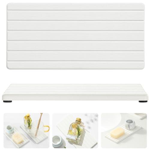 Razborci 2PCS Water Absorbing Stone Drying Tray Mat For Bathroom Sink & Kitchen Counter Faucet Organizer Decor, Quick Dry Dish Soap Dispenser Sponge Holder, Vanity Sink Caddy Bar Coaster,White-8"*3.8"