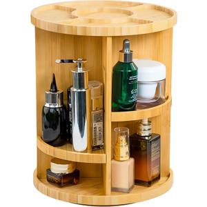 VVW Rotating Bamboo Makeup Organizer,360 Degree Spinning Adjustable Bamboo Vanity Makeup Holder Rack,Large Capacity Cosmetics Storage Display Box,Fits Makeup,Skincare,Cologne (Beige1)