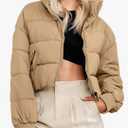 MEROKEETY Women's 2025 Winter Cropped Puffer Jacket Long Sleeve Oversized Stand Collar Zip-Up Short Coat, Medium, Khaki 
