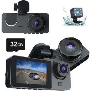 3 Channel Front Inside Rear Dash Cam for Cars, Full UHD Car Camera Front Rear with 32GB Card, Car Camera with IR Night Vision, 170Wide Angle, G-Sensor, 24H Recording, Loop Recording