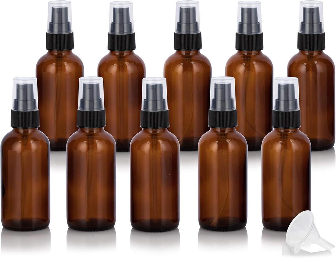 JUVITUS 2 oz Amber Glass Boston Round Black Treatment Pump Bottle (7 pack) + Funnel