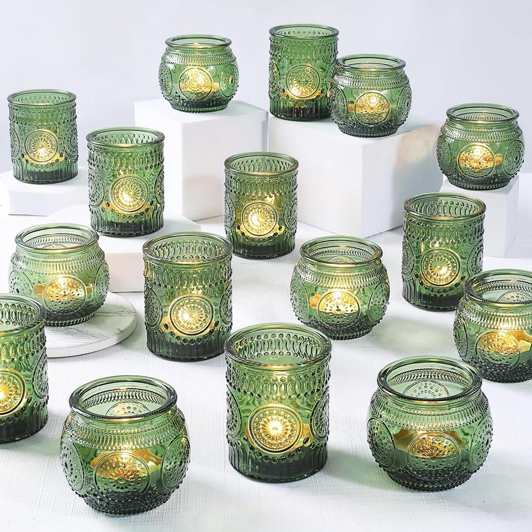 36 Pcs Green Glass Votive Candle Holders Bulk - Assorted Tea Light Holders for Christmas, Tea Party, Fall Wedding, Bridal Shower Table Centerpieces