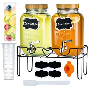 2 Pack1Gallon Glass Drink Dispenser with Stand&Bamboo Lids&Fruit Infuser,304 Stainless Steel Leak-Proof Spigot,Beverage Dispenser for Parties,Water Sangria Juice Sun Tea Lemonade(Natural)