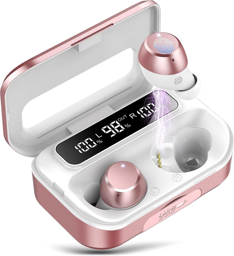 Ear buds Wireless Bluetooth Earbuds 2024 Upgrade Bluetooth 5.3 Headphones Deep Bass Earphones 100H Playtime in-Ear Earbud with LED Power Display IP7 Waterproof Earphones Sport Headset for iOS/Android (Rose)