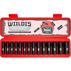 WIILDIS 14 Pieces 3/8-Inch Drive Deep Impact Socket Set, 7mm to 21mm, CR-V, Metric, 6-Point, 14 Pieces 3/8" Dr. Socket