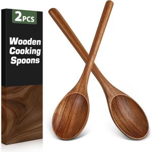 2PCS Wooden Spoons for Cooking, Natural Acacia Wood Cooking Spoons, Large Serving Spoons for Nonstick Cookware, Heat Resistant Durable Wooden Kitchen Utensils for Mixing Salad, Serving and Stirring