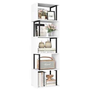 Yusong Bookshelf 5-Tier, Geometric Bookcase S Shaped Book Shelves for Bedroom, Modern Wood Decorative Display Shelf Book Case for Home Office, White and Black